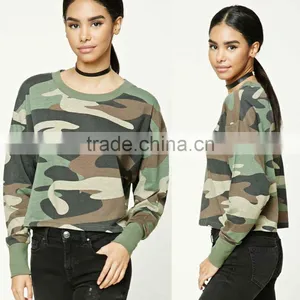 Latest Tops Designs Girls Women Long Sleeves Round Neck Cropped Camo Print Tee Camo Sweatshirts thumbnail-1