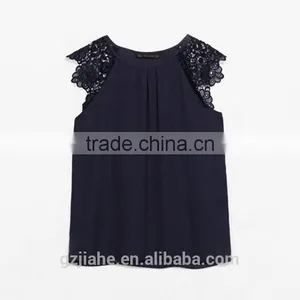 New Women Fashion Summer Lace Floral Hollow Splice Sleeveless Chiffon Blouses thumbnail-1