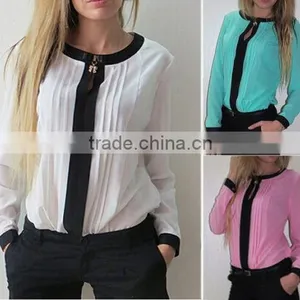 Morality Womens Chiffon Long Sleeve Crew Neck Loose Summer Casual Tops Blouse thumbnail-1