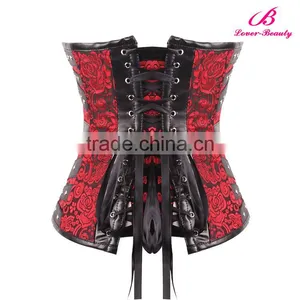 Red Floral Steampunk Hook Eye Buckle Overbust Cheap Corset NO MOQ thumbnail-3