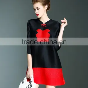 Retro Pleat Chinoiserie Printed Ladies Large Size Dress With Two Buttons thumbnail-2