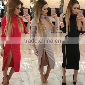 Autumn Sexy Women's High Collar Slim Ladies Long Sleeves Bottom Zipper Zipper Slit Sexy Bodycon Office Dress thumbnail-1
