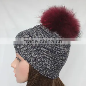 Myfur Multi-Color New Striped Pattern Wool Acrylic Knitting Hat With Real Raccoon Fur Pom Poms thumbnail-1