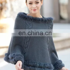 Ladies' Sexy Boat Neck Sleeveless Cloak Knitted Sweater With Fur Hem thumbnail-1