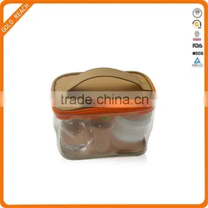 Beige Color Leather Cosmetics Bag Clear PVC Beauty Make Up Bag thumbnail-1