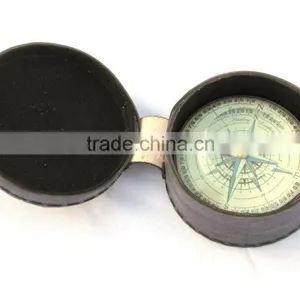 Antique Vintage Solid Brass Compass With Leather Case 13517 thumbnail-2