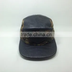 High Quality Flat Brim Black Leather 5 Panel Hat With Label thumbnail-2