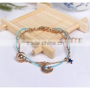Star Moon Planet Tiny Rhinestone Charms Bracelet Double Layer Cotton Cord Gold Chain Bracelet thumbnail-6