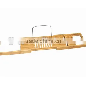 Bamboo Bathtub Caddy With Extending Sides Adjustable Book and Phone and Wine Holder thumbnail-1