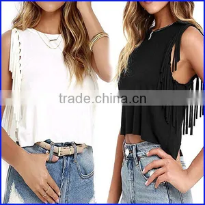 Sexy Tassel Short Mini T-shirt Custom Tank Top Black White Sleeveless t Shirt thumbnail-1