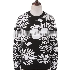Jacquard Allover Flower Patterns Crew Neck Men Pullover Sweater thumbnail-3