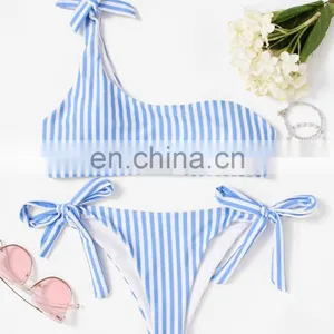 Tie Side One Shoulder Striped Bikini Set thumbnail-3