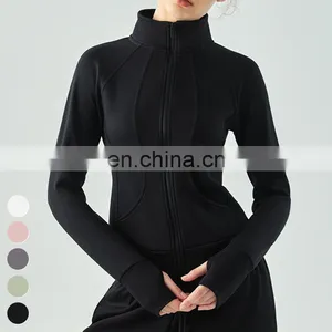Custom Running Workout Sports Tops Wear Gym Fitness Stand Collar Long Sleeve Thumb Hole Zipper Jackets Yoga Jacket For Women thumbnail-5