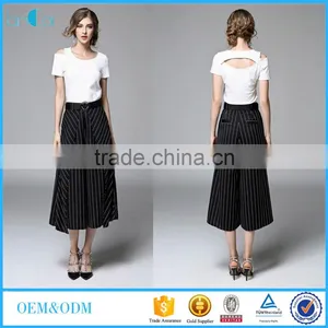 Two Pieces Set Women New Fashion Summer 2016 Ladies Off Shoulder T-Shirt Tops and Striped Print Wide Leg Pants thumbnail-1