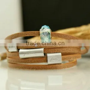 Personalized Engraved Multi Strand Leather Bracelet, Wrapped Leather Bracelet, Name/logo Stamped Bracelet With Crystal Bead thumbnail-1