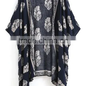 2017 Women Casual Navy Vintage Floral Loose Kimono With Asymmetrical Hem Ladies Summer Beachwear thumbnail-3