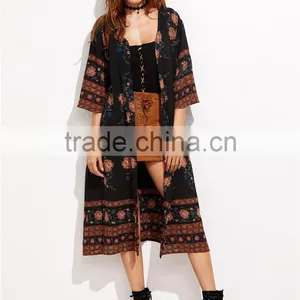 Women Custom Digital Print Flower Print Three Quarter Length Sleeve Kimono Loose Beachwear thumbnail-3