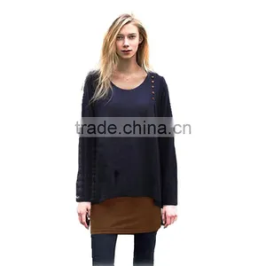 New Design Irregular Two Color Fake Two Pcs Long Sleeve Women Wear Loose T Shirt Water Fall thumbnail-1
