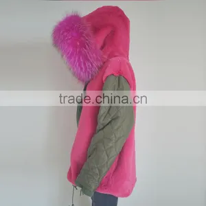Myfur Long Parka With Rose Hot Pink Raccoon Fur Hood For Ladies thumbnail-6