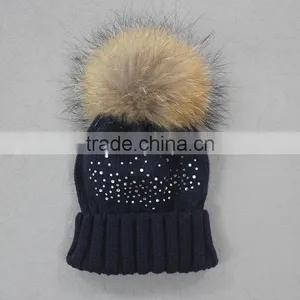 Myfur Winter Woolen Knitting Beanie Hat With Removable Raccoon Fur Bobble Top thumbnail-1