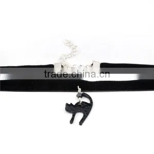 Wholesale Silver Plated Black Cat Velveteen Halloween Choker Necklace thumbnail-3