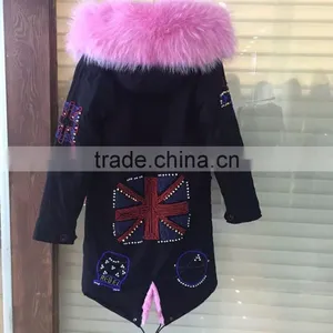 2016 New Arrival Britain Beading Dark Blue Jacket Long With Pink Faux Fur Inside Women Jakcet and Man Coats thumbnail-2