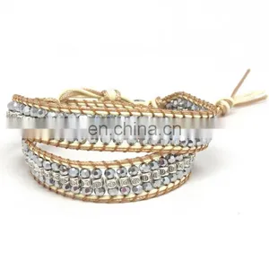 Handmade Beaded Wrap Bracelet Features 3 Rows of Circular and Square Stones Surrounded by a Natural Colored Cord on Both Sides thumbnail-1