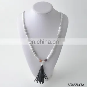 Wron Siver Beaded Leather Tassel Long Necklaces thumbnail-2