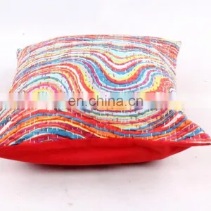 Red Stripe Kantha Cushion Cover Indian Cotton Handmade Kantha Throw Pillow Cover Hande Quilted Decorative Cushion Cover Art thumbnail-3