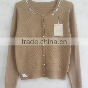 Lady Plaid Knitting Wear Beaded Long Sleeve Sweater Cardigan thumbnail-1
