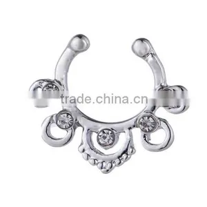 Crystal Gems Clip On Fake Septum Clicker Non Piercing Nose Ring Hoop thumbnail-2