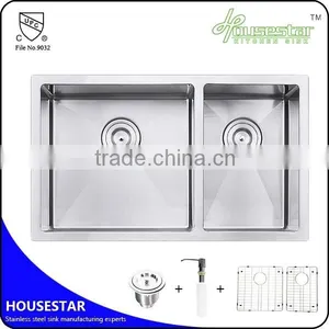 R3318 CUPC Approved Undermount Double Bowl Handmade Stainless Steel Kitchen Wash Sink With Brush Finish thumbnail-1