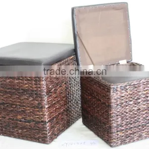 Set of 3 Cattail Leaf Weaving Ottoman With PVC Wrap Top Cover thumbnail-1