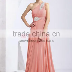 New One-shoulder Ruffle and Beaded Long Kaftan Pink Evening Dress thumbnail-2