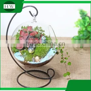 Home Goods Decorative Hanging Slanted Clear Round Glass Decoration Bonsai Vase With Metal Stand thumbnail-1
