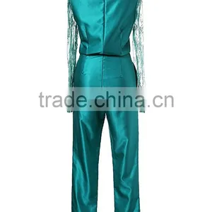 Autumn Round Neck Embroidered Mesh Patched Long Sleeve High Empire Pleated Women Jumpsuit thumbnail-3