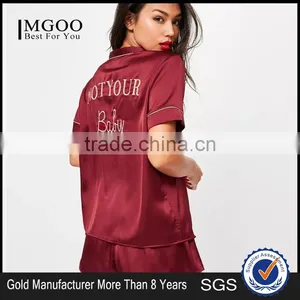 MGOO Hot Sale Custom Buttons Up Pyjamas Sets Short Sleeves Shirt And Bottom Satin Piped Moonnight Wear thumbnail-1