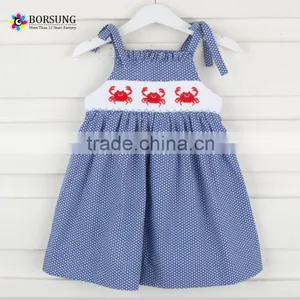 Baby Boutique Cotton Blue Sleeveless Smocked Girl Dresses Summer Frock Design for Kids Clothing thumbnail-1