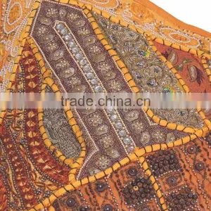 Yellow Decorative Large Euro Pillow Sham - Beaded Indian Patchwork Accent Cushion Cover ~ 26 Inch thumbnail-4