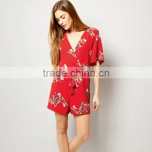 Drawstring Short Sleeve Playsuit for Women Rayon Floral Clothing thumbnail-3