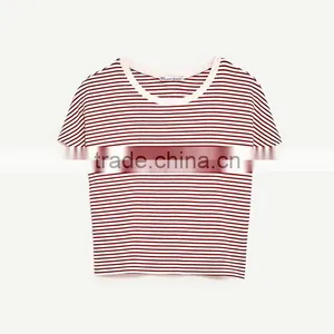 2017 Round Neck Short Sleeves Striped T-shirt Women Sexy Midriff Tank Tops thumbnail-5