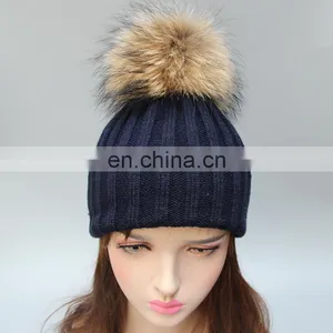 Fluffy Large Fur Pompom Hats Real Raccoon Fur Knitted Hats Wholesale Winter Hats thumbnail-2