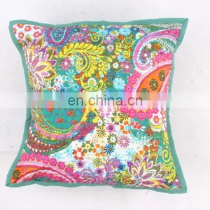 Green Floral Indoor & Outdoor-Indian Kantha Cushion Covers Indian Hand-stitched Kantha Pillow Kantha Pillow Covers Art thumbnail-1