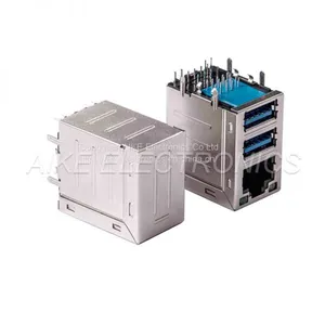 Connector RJ45 Female 8P8C,Tab Up, DIP TYPE With Shell & LED + Double-deck Connector thumbnail-1