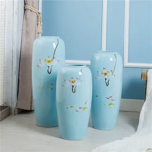 Hand Paint Countryside Style Lotus Flower Large Blue Ceramic Vase Decoration For Wedding Gift thumbnail-1