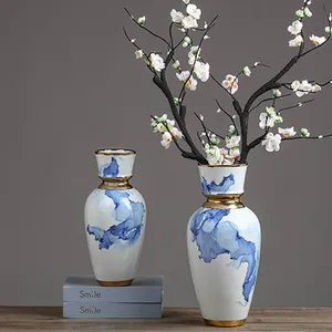 Light Luxury Nordic Applique Electroplate White Blue Large Ceramic Vase For Hallway thumbnail-2