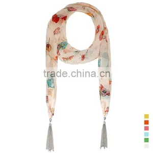 2015 New Design Functional Butterfly Print Scarf, Summer Flower Tassel Scarf thumbnail-2