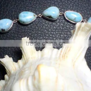Gemstone Silver Bracelet, 925 Sterling Silver Bracelet, Larimar Silver Bracelet thumbnail-1