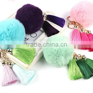 Rabbit Fur Pom Pom Keychain With Tassels for Lady Handbag/bag Charm Fur Ball KZ160071 Quality Choice thumbnail-1