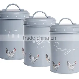 Powder-Coated Retro Metal Tea Coffee Sugar Can Candy Bean Nuts Set of 3 Storage Canister thumbnail-4